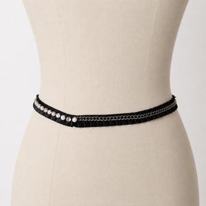 Y2k Vintage grossgrain ribbon belt black with pearl chain rhinestones Y2K Black Cross Rhinestone Studded Belt – Goth Emo Unisex  main image 4