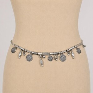 Y2K Boho Silver Tone Aztec Coin Charm Chain Belt Beaded Dangle Hip Waist Boho Coin Belt: Silver Belly Dance Hip Belt, Tribal Fusion  main image 4
