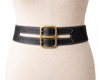Per Se Women’s Medium Black Leather Y2K Wide statement Belt Double Buckle Italy