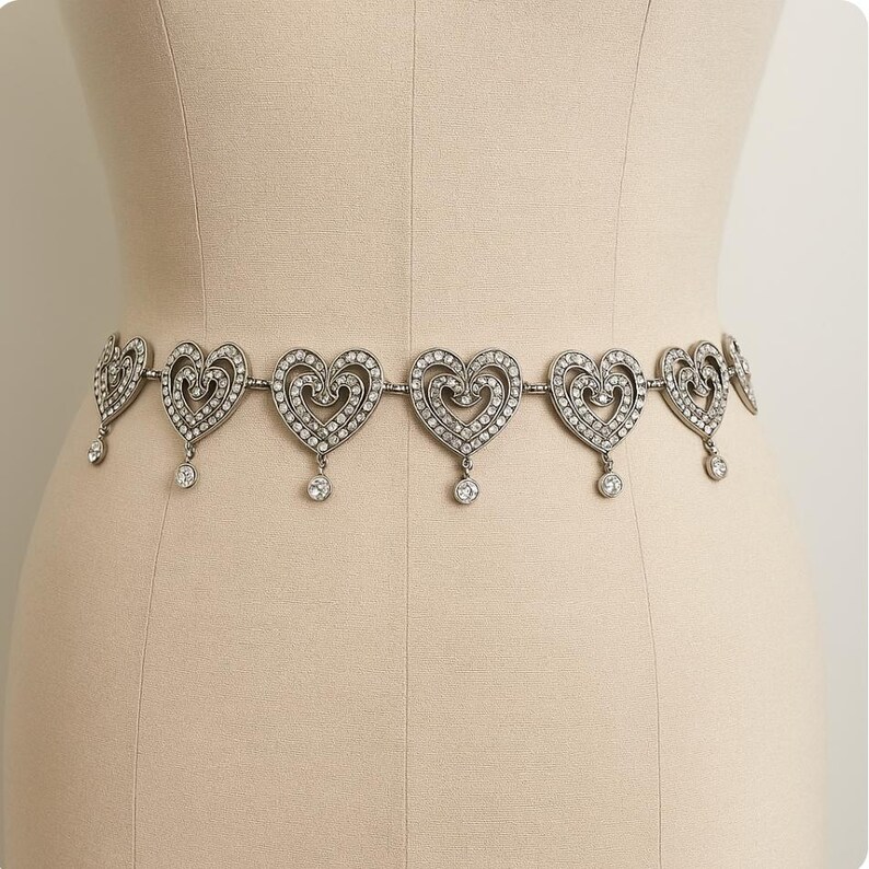 Brighton vintage statement Belt Rhinestone silver Hearts Chain Size XL Concho image 5