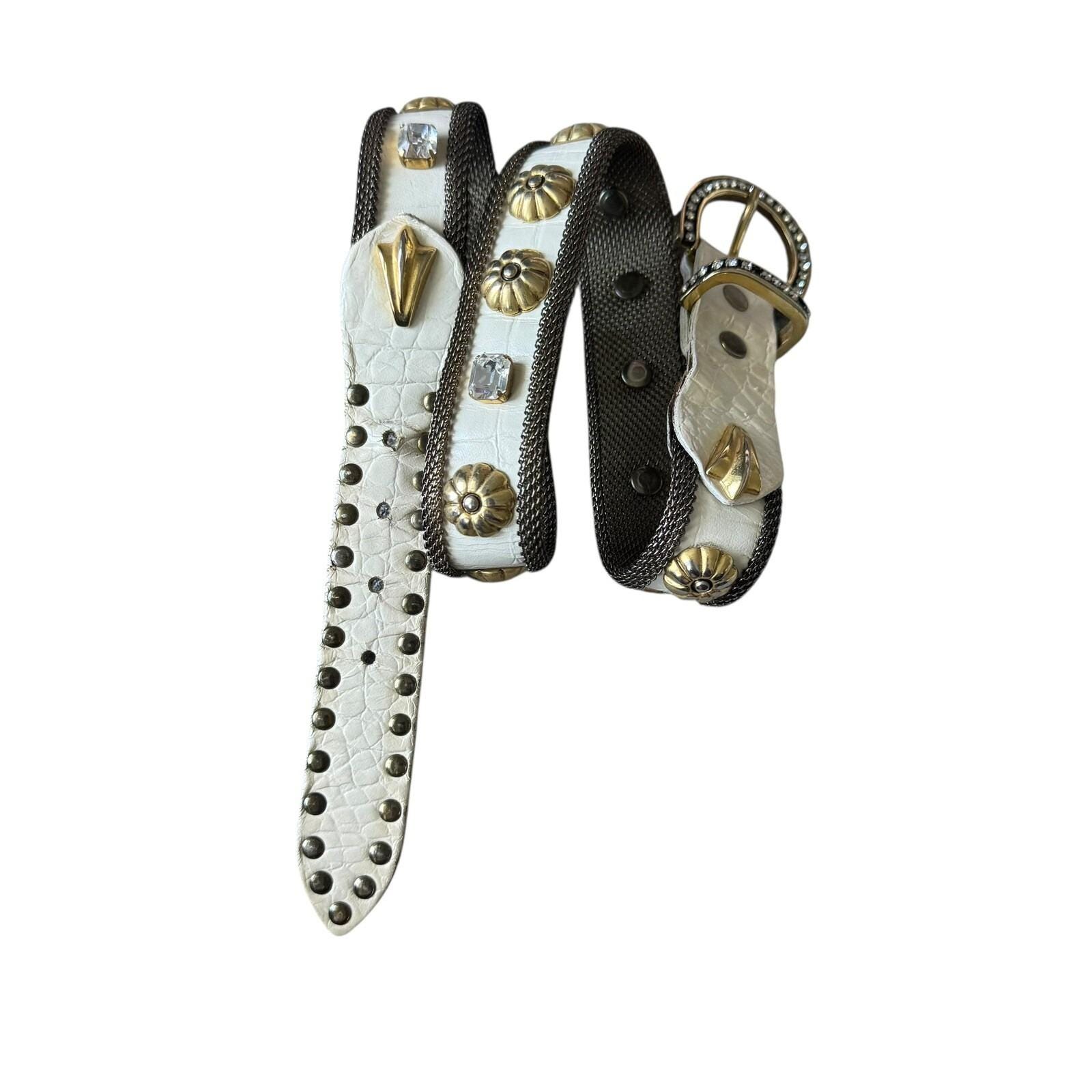 Vintage Sand Castle NY white leather belt studded studs embellished womens med Vintage Sand Castle NY White Leather Belt Studded Studs  main image 2