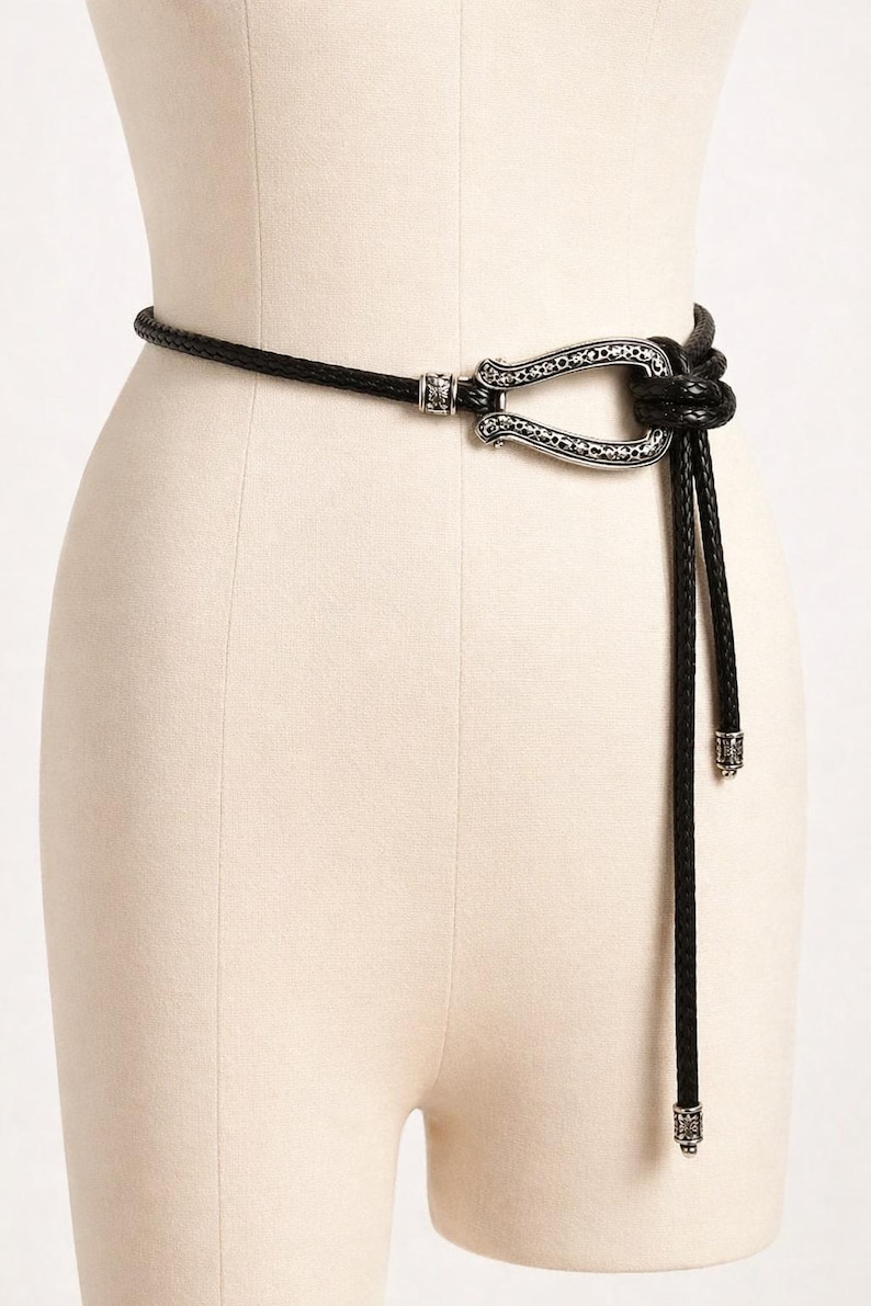 K&ouml;nnte beinhalten: Schwarzer geflochtener Lederg&uuml;rtel mit einer dekorativen silberfarbenen Schnalle. Der G&uuml;rtel ist vorne mit einem Knoten gebunden, mit zwei langen, herabh&auml;ngenden Enden. Die Schnalle hat ein verziertes Design. Der G&uuml;rtel wird auf einer Schaufensterpuppe pr&auml;sentiert.