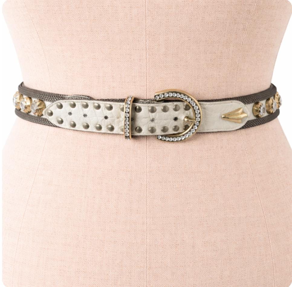 Vintage Sand Castle NY white leather belt studded studs embellished womens med Vintage Sand Castle NY White Leather Belt Studded Studs  main image 3