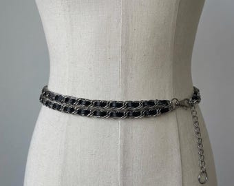 Vintage 80er Jahre Silber Schwarz Schwerer Verflochtener Doppel Ketten Gürtel Punk Rock Goth