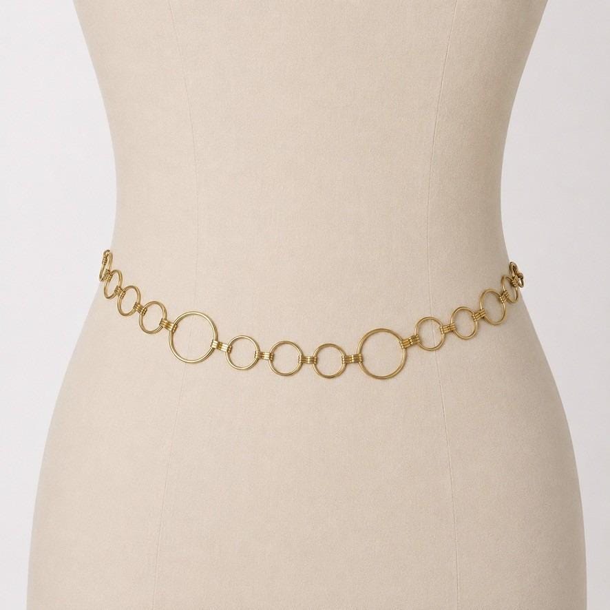 Gold Tone Multi Size Ring Chain Belt Adjustable Hook Clasp 48.5 Inch Length Chunky Gold Chain Belt With Chain Tassel, Lightweight Gold  main image 3