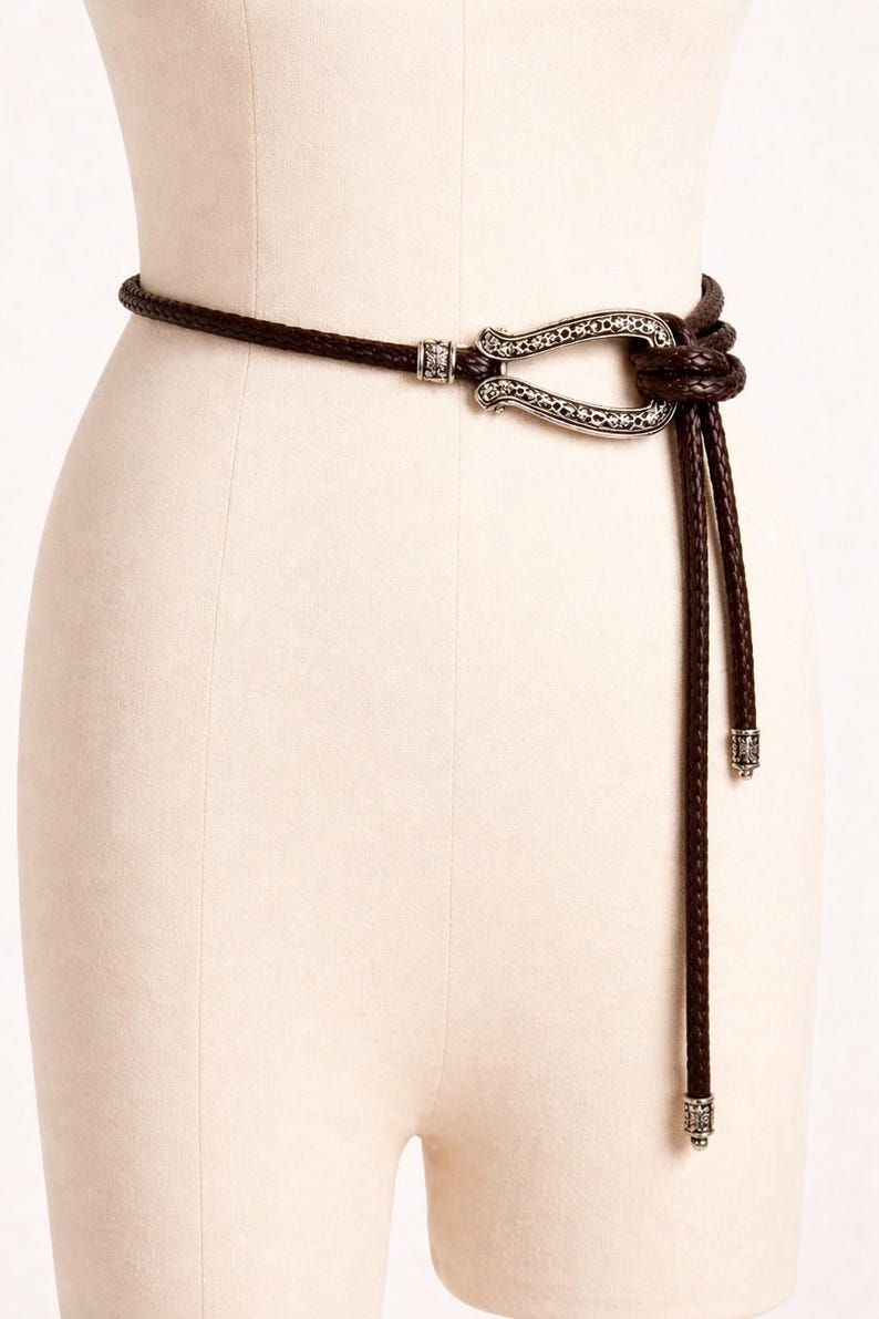 Puede incluir: Un cintur&oacute;n de cuero marr&oacute;n con una hebilla decorativa plateada. El cintur&oacute;n est&aacute; trenzado y anudado, con dos extremos largos colgantes. La hebilla tiene un dise&ntilde;o ornamentado. El cintur&oacute;n se muestra en un maniqu&iacute;.