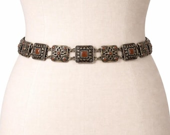 Vintage 90's Antique Brass Hammered Square Brown Cabochon Chain Belt size L / XL