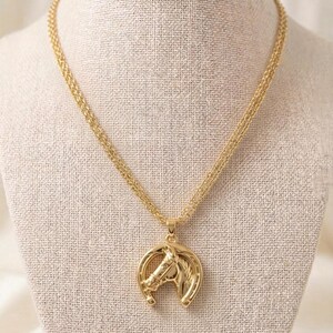 Equestrian Horseshoe Horse Pendant Necklace – Double Layer Gold Chain – Equestrian Statement Jewelry – Lucky Horseshoe Charm
