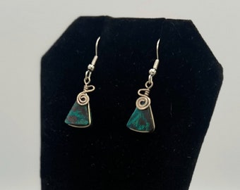 Turquoise Stone Spiral Silver Dangle Earrings