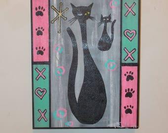 Black Cats PawPtints Hearts Small Original Painting On Wood Retro Mid Century Modern