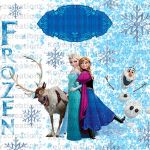 Puede incluir: Una ilustraci&oacute;n digital con los personajes de la pel&iacute;cula Frozen. Elsa y Anna est&aacute;n de pie juntas, Elsa lleva un vestido azul claro y Anna lleva un vestido morado. Olaf el mu&ntilde;eco de nieve est&aacute; en el fondo. La imagen tiene un fondo de acuarela azul y blanco con copos de nieve.