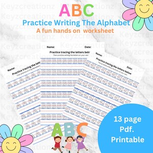 Könnte beinhalten: Ein druckbares Arbeitsblatt zum Üben des Schreibens des Alphabets. Das Arbeitsblatt zeigt die Buchstaben A, B und C mit gepunkteten Linien zum Nachzeichnen. Das Arbeitsblatt trägt den Titel "Practice Writing The Alphabet" und "A fun hands-on worksheet".