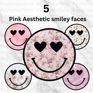 Könnte beinhalten: Fünf rosafarbene Smiley-Gesichter mit schwarzen Umrissen und Herzen als Augen. Die Smiley-Gesichter haben verschiedene Muster, darunter Blumen, Aquarell und einen einfarbigen rosa Hintergrund.