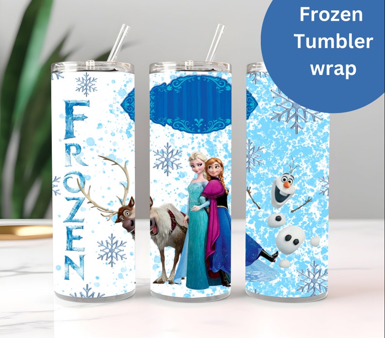 Puede incluir: Dise&ntilde;o de envoltura de vaso de tem&aacute;tica Frozen con Elsa y Anna de la pel&iacute;cula de Disney Frozen, Olaf el mu&ntilde;eco de nieve y un reno. El dise&ntilde;o incluye copos de nieve y una combinaci&oacute;n de colores azul y blanco.