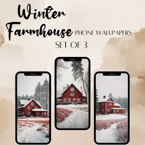 Winter Farm phone wallpaper, snowy season, iOS wallpaper, phone wallpaper, Digital Download, PNG download , Red Farm house|rustic|