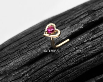 14 Karat Gold Hollow Heart Sparkle L-Shaped Nose Ring - Fuchsia Red