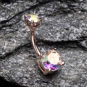 Rose Gold Aurora Sparkle Prong Set Belly Button Ring-Aurora Borealis