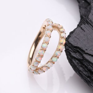 14 Karat Gold Fire Opal Double Hoop Seamless Clicker Hoop Ring-White Opal