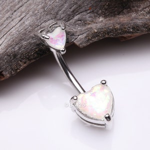 Opalescent Double Heart Prong Set Belly Button Ring-White