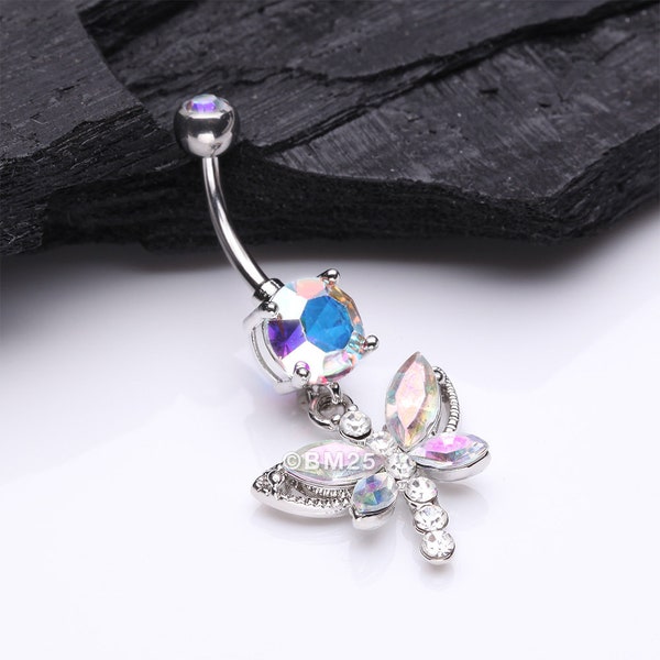 Dragonfly Glam Belly Ring-Aurora Borealis