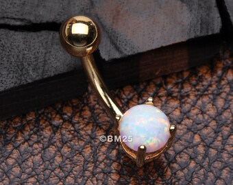 Golden Fire Opal Prong Set Basic Belly Button Ring-White Opal