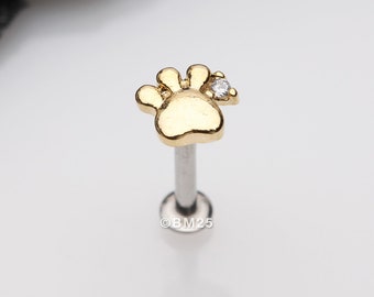 Golden Adorable Sparkle Paw Top Threadless Push-In Steel Labret-Clear Gem