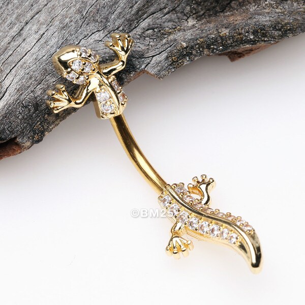 Golden Sparkle Gecko Lizard Belly Button Ring-Clear Gem