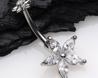 Brilliant Marquise Spring Flower Sparkle Internally Threaded Belly Button Ring-Clear Gem