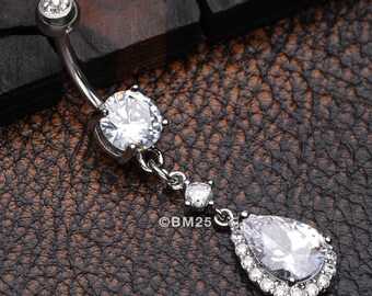 Brilliant Teardrop Lux Sparkle Dangle Belly Button Ring-Clear Gem