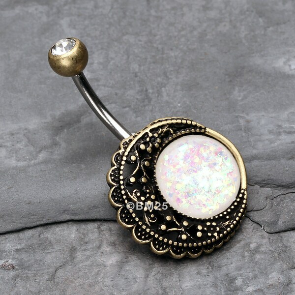 Vintage Boho Filigree Moon Opal Belly Button Ring-Brass/Clear/White