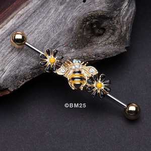 Golden Sweet Daisy Bumble Bee Industrial Barbell-Clear Gem/Aqua