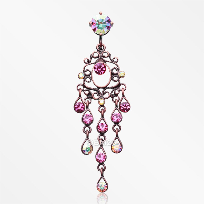 Vintage Boho Chandelier Reverse Belly Button Ring-Copper/Aurora Borealis/Fuchsia