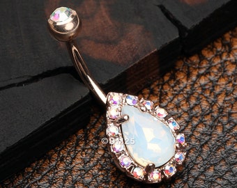 Rose Gold Opalite Sparkle Teardrop Belly Button Ring-Aurora Borealis/White