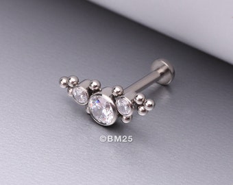 Implant Grade Titanium Sparkle Arc Bali Beads Top Internally Threaded Flat Back Stud Labret-Clear Gem