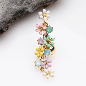 Golden Adorable Flower Dazzle Opalite Sparkle Reverse Belly Button Ring-Multi-Color