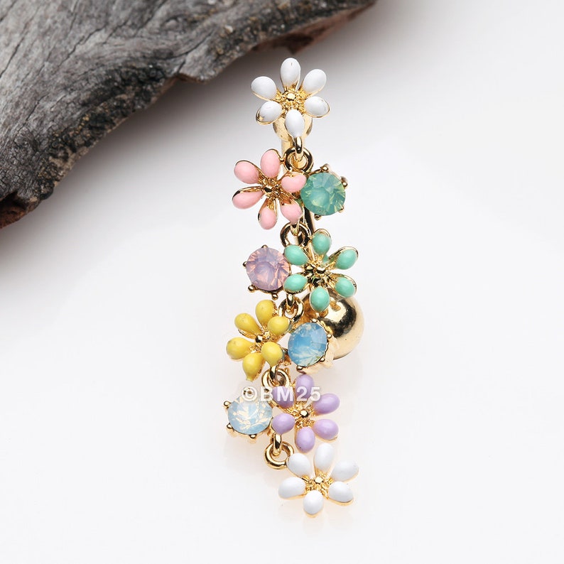 Golden Adorable Flower Dazzle Opalite Sparkle Reverse Belly Button Ring 