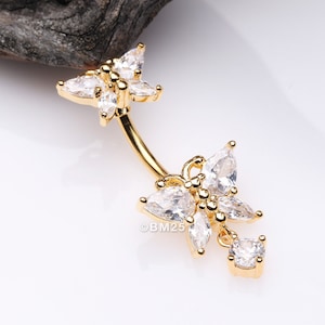 Golden Glistening Butterfly Sparkle Duo Dangle Belly Button Ring-Clear Gem