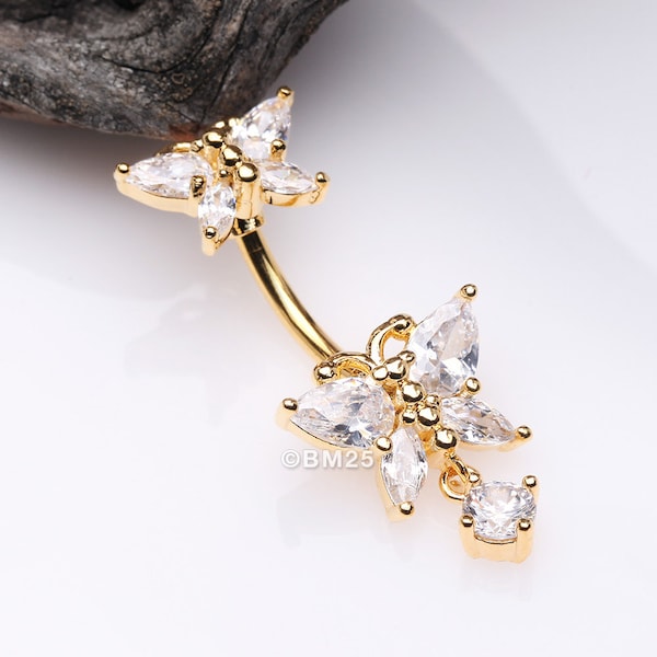 Duo de bagues pendantes pour nombril dorées scintillantes scintillantes - Gemme transparente