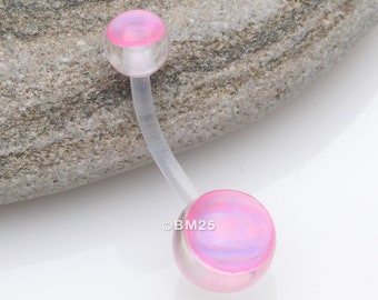 Holographic Acrylic Ball Bio Flexible Shaft Belly Button Ring-Pink