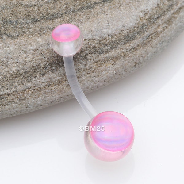 Holographic Acrylic Ball Bio Flexible Shaft Belly Button Ring-Pink