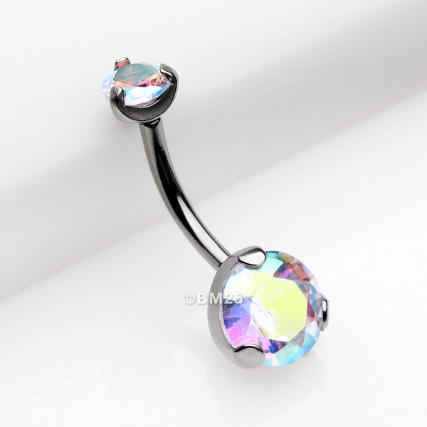 Implant Grade Titanium Internally Threaded Prong Set Belly Button Ring-Aurora Borealis