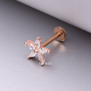 Rose Gold Marquise Flower Sparkle Top Internally Threaded Steel Flat Back Stud Labret-Clear Gem