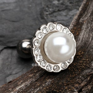Pearl Blossom Sparkle Cartilage Tragus Earring-Clear Gem/White
