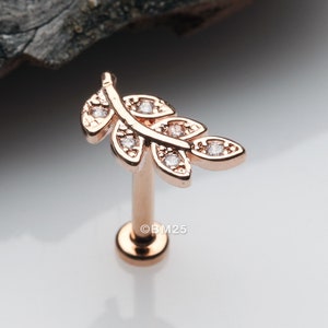 Rose Gold Dainty Leaflet Sparkle Interally Threaded Labret-Clear Gem