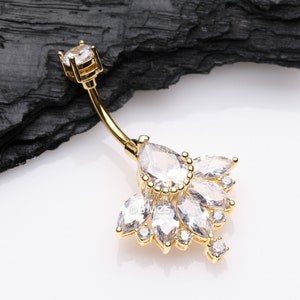 Golden Floral Elegant Art Deco Sparkle Belly Button Ring-Clear Gem