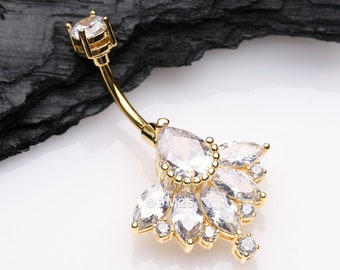 Golden Floral Elegant Art Deco Sparkle Belly Button Ring-Clear Gem