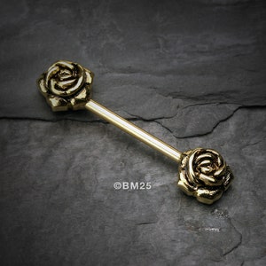 A Pair of Golden Vintage Rose Flower Nipple Barbell Ring