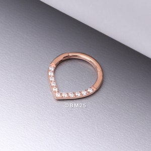 Implant Grade Titanium Rose Gold Chevron Sparkle Lined Seamless Clicker Hoop Ring-Clear Gem