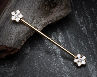 Golden Plumeria Flower Sparkle Industrial Barbell