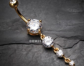 Golden Brilliant Gem Cascade Belly Button Ring - Clear Gem